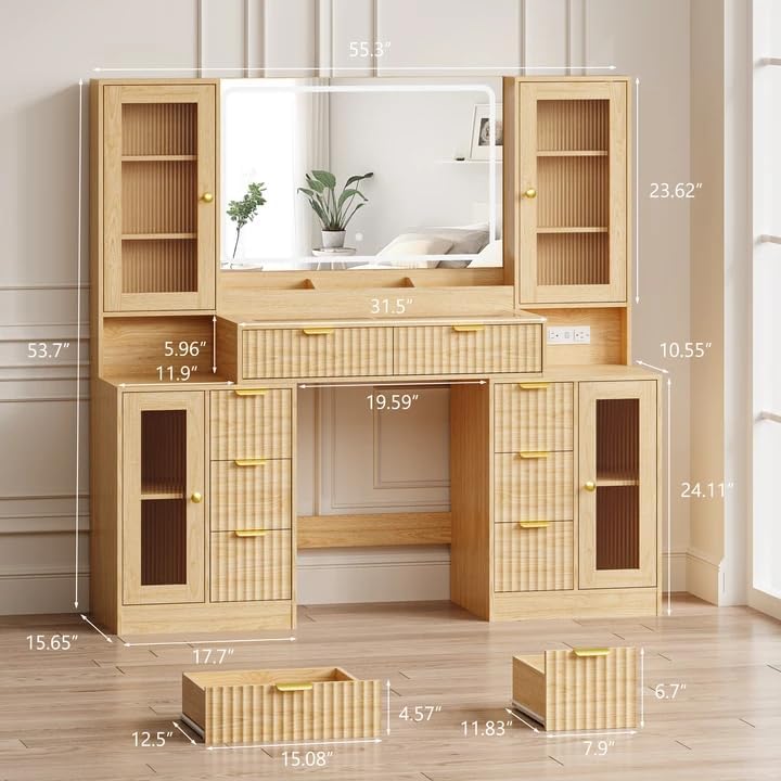 Fluted Makeup Vanity Desk with Mirror and Lights, 55" Glass Top Vanity w...