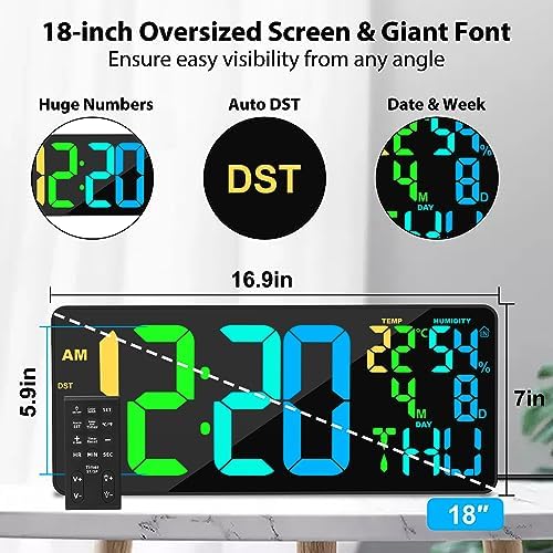 18" large rgb digital wall clock 11 color showing dimensions