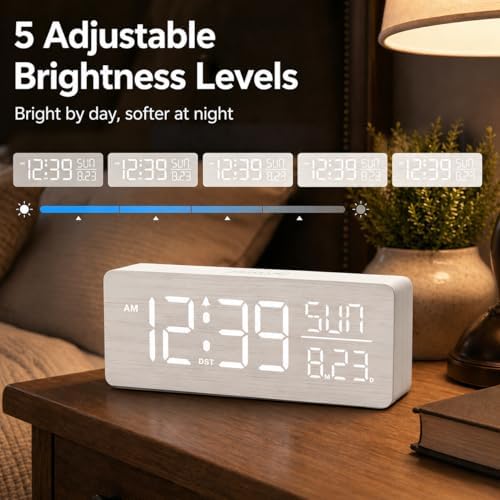 peakeep wooden digital alarm clock large display, textured, side view