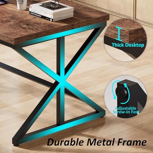 55” Computer Desk, Industrial Brown Home Office Desk Rustic Brown | Wooden Metal Executive Pc Computer Desk Table, Wood Student Gaming Study Computer Table for Bedroom Living Room