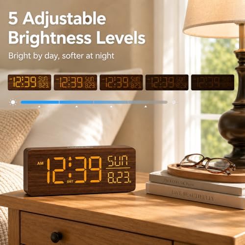 peakeep wooden digital alarm clock large display, textured, side view