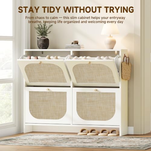 Nicetree Freestanding Ultra Slim Arched Rattan Accent Shoe Storage Cabinet fo...
