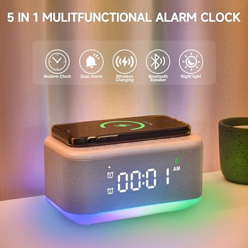alarm clock speaker wireless charger, digital alarm clocks shown in use