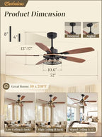 52 inch farmhouse ceiling fan with light and showing dimensions