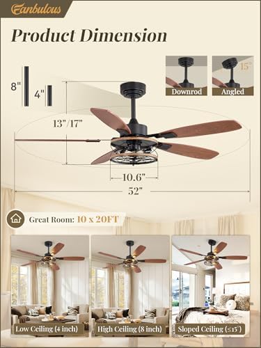 52 inch farmhouse ceiling fan with light and showing dimensions