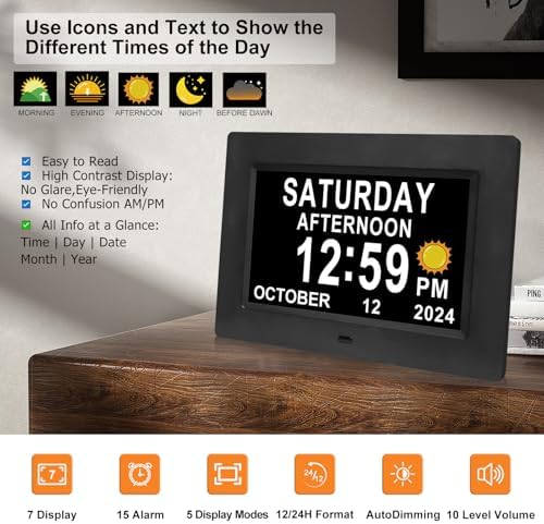 ssini digital calendar dementia alarm clock with day shown in use