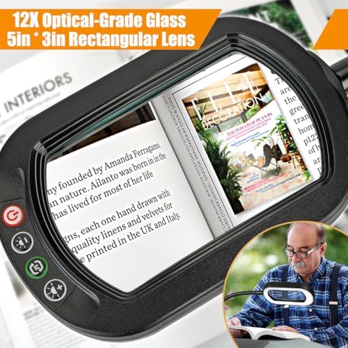 Veemagni 12X Rectangle Magnifying Glass with Light and Stand, Flexible Goosen...