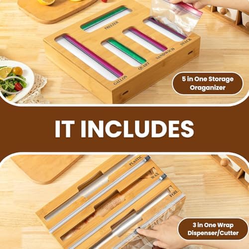 9-in-1 Bamboo Kitchen Drawer Organizer - Storage Bag Holder with Built-In Foi...