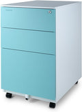 Aurora FC-103BL Fully Assembled Modern Soho Design 3-Drawer Metal Mobile File Cabinet with Lock Key, White/Aqua Blue