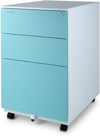 Aurora FC-103BL Fully Assembled Modern Soho Design 3-Drawer Metal Mobile File Cabinet with Lock Key, White/Aqua Blue