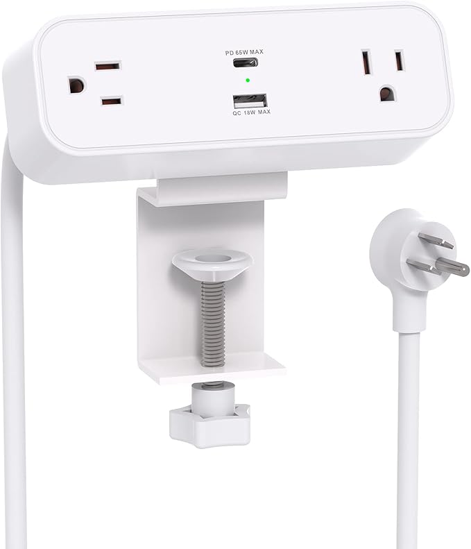 Desk Clamp Power Strip, 65W 10ft Extension Cord- 2 Outlets Desktop Power Strip by Mifaso