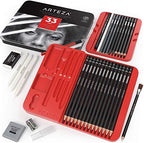 arteza 33-piece drawing pencil set, graphite and charcoal, front angle view