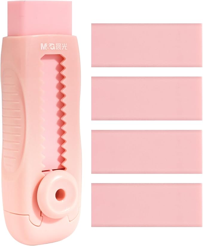 M&G 4+1 Pack Rubber Pink Erasers Sliding Retractable Eraser, Soft Cute Erasers by MG