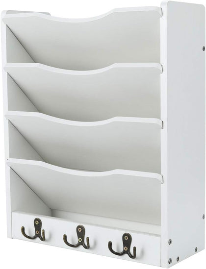PAG-Mass 5-Tier Wall File Holder Hanging Mail Organizer Wood Magazine Literature Rack with 6 Hooks, White