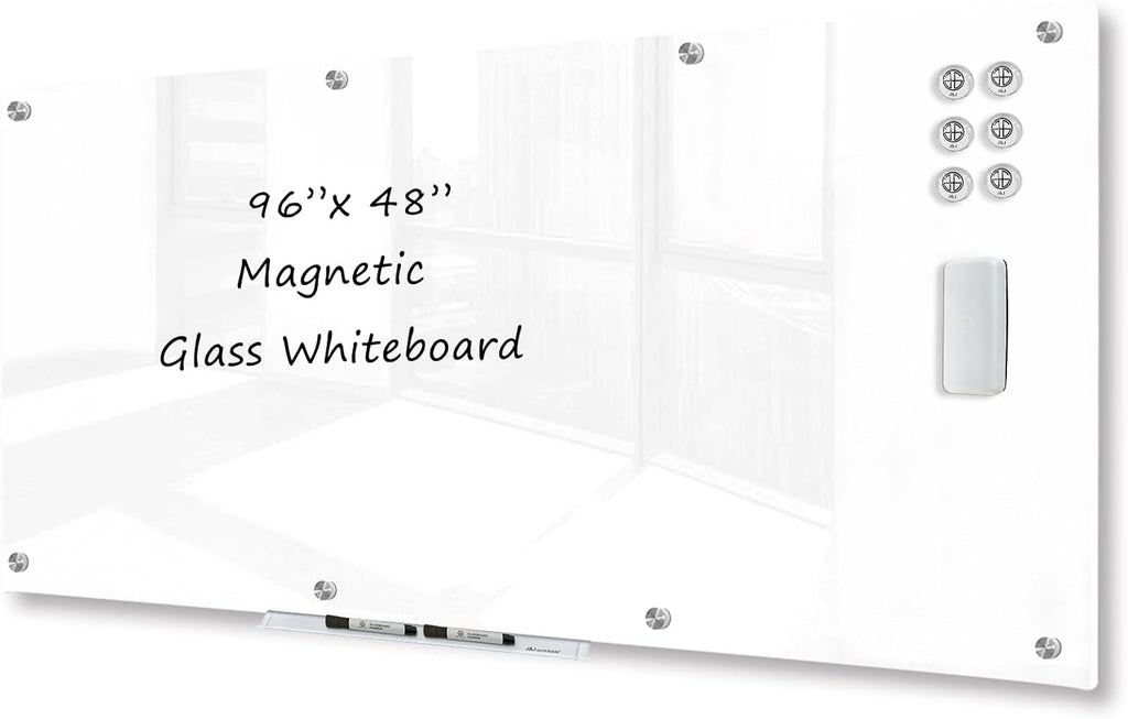 J&J worldwide Magnetic Glass Whiteboard 8' x 4' Ultra White, Large Frameless