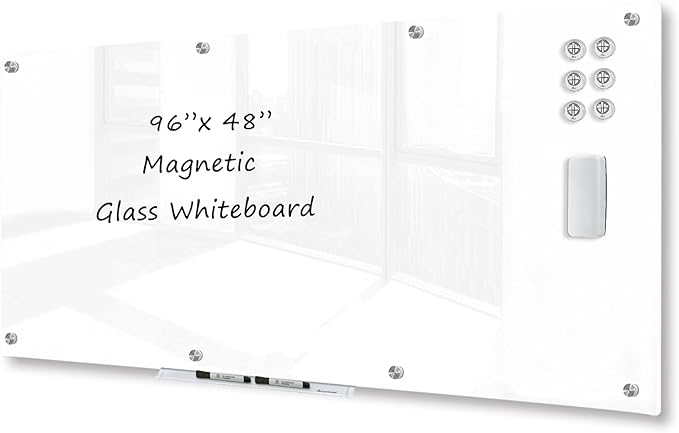 J&J worldwide Magnetic Glass Whiteboard 8' x 4' Ultra White, Large Frameless by JJworldwide
