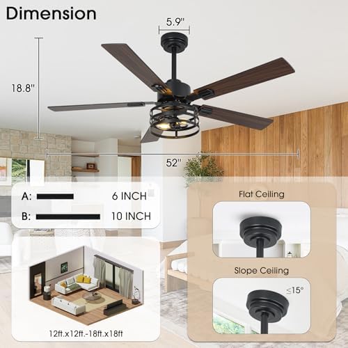 52" farmhouse ceiling fan with light, 6-speed dc, view 9