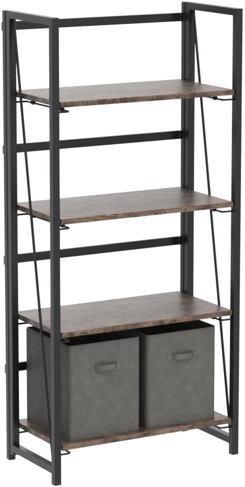 4NM No Assembly Folding Bookshelf Storage Shelves 4 Tiers Vintage Bookcase - Image 5