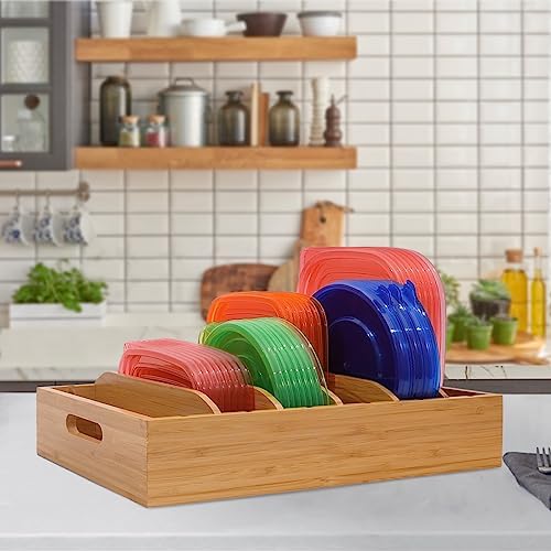 Bamboo Lid Holder Food Container, Kitchen Organizer with 5 Adjustable Divider...
