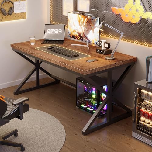 55” Computer Desk, Industrial Brown Home Office Desk Rustic Brown | Wooden Metal Executive Pc Computer Desk Table, Wood Student Gaming Study Computer Table for Bedroom Living Room