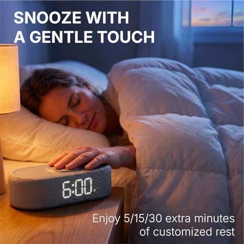 fabric digital alarm clock for bedroom, wireless charging showing dimensions