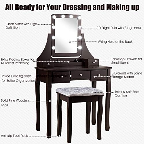 DORTALA Vanity Table Set w/ 360-Degree Rectangular Mirror & Cushioned Sto...