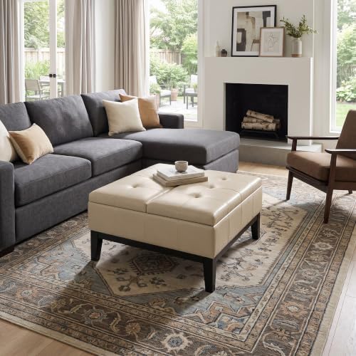 SIMPLIHOME Dover 36" Wide Vegan Leather Storage Ottoman in Satin Cream