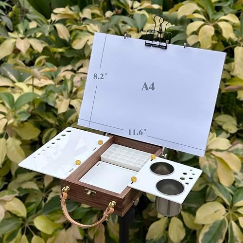 tabletop easel box with watercolor palette empty, portable, front angle view