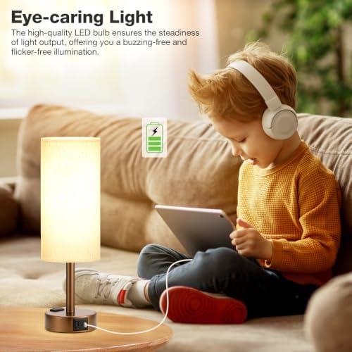Fenmzee Brown Bedside Lamp for Bedroom, Dimmable Touch, USB A+C, AC Outlet