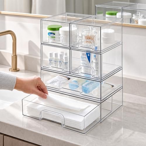 tipgo clear stackable storage drawers, acrylic bathroom makeup shown in use