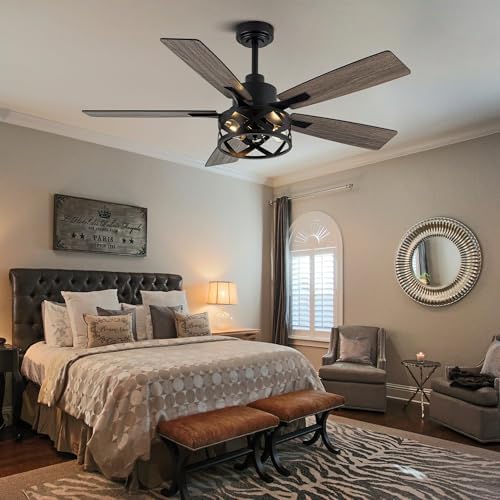 52" farmhouse ceiling fan with lights and remote shown in use