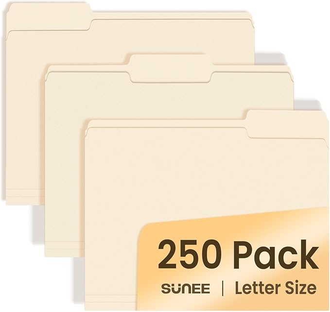 SUNEE Manilla Folders Letter Size, 250 Per Box, 1/3 Cut Tab by SUNEE