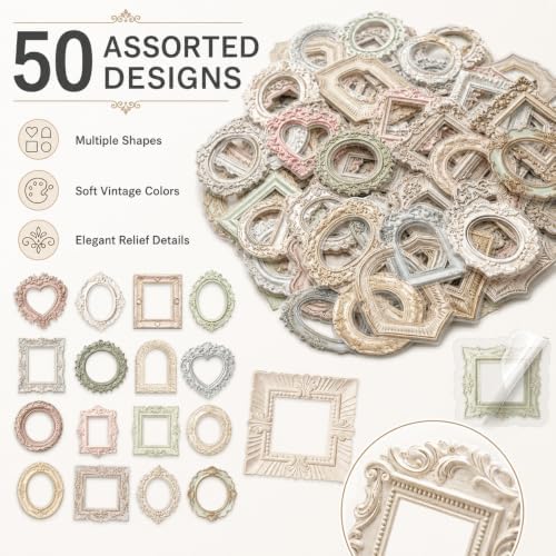 50 Pcs Vintage Embossed Frame Stickers for Scrapbooking - Aesthetic Retro Photo Frame Decals for DIY Journals, Phone Cases, Laptops, Water Bottles & Gifts
