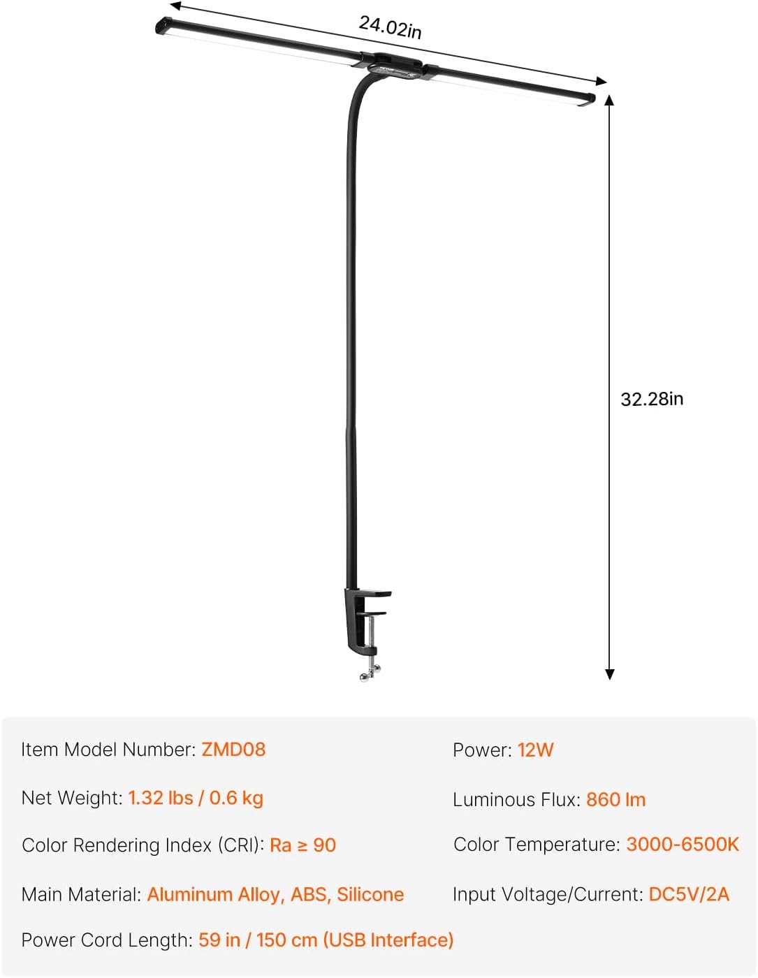 VEVOR LED Desk Lamp with Clamp, Double Head Architect Desk Lamp for Home Offi...
