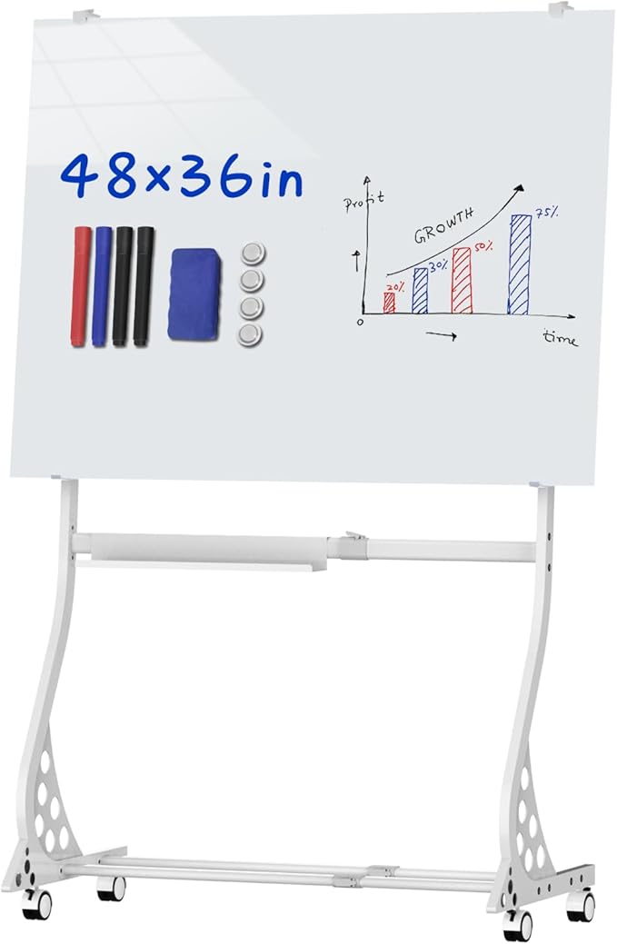 Mobile Glass Whiteboard, 48 x 36 inch Glass Board/w Height Adjustable, Large by MifuroOfficeProduct
