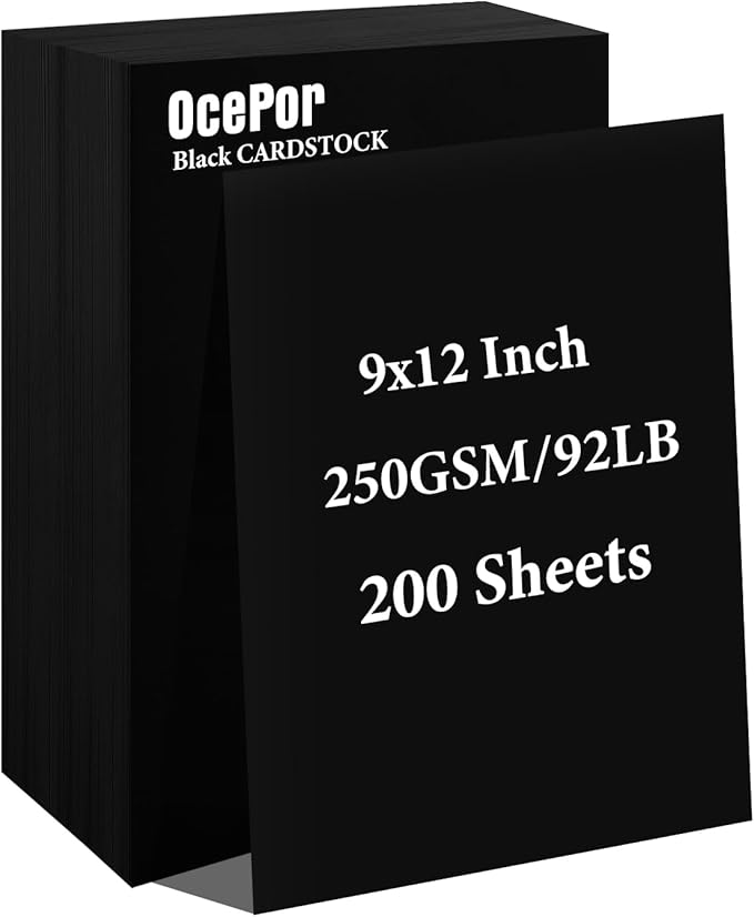 OcePor 200 Sheets Black Cardstock 9” x 12”, 92lb/250gsm Black Card Stock by OcePor