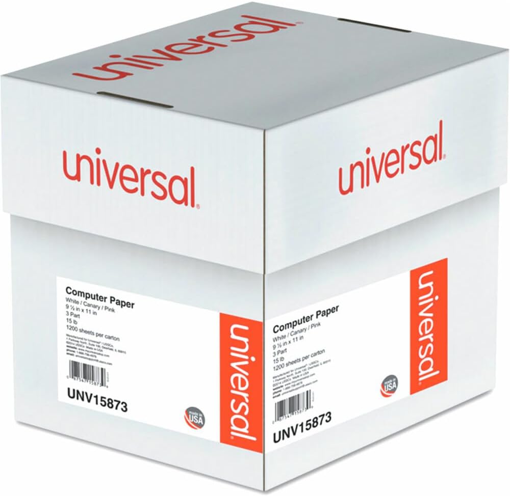 universal 15873 multicolor computer paper, 3-part carbonless, 15lb, main product view