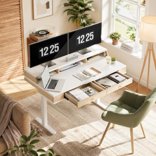 Claiks Standing Desk with Drawers & Wheels, 55 Inch, White
