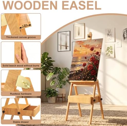 large beech wood h-frame easel,painting easel with storage,up, close-up detail