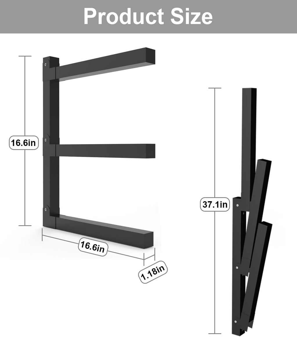 lumber storage metal rack, 3-level wall-mounted organizer and, close-up detail