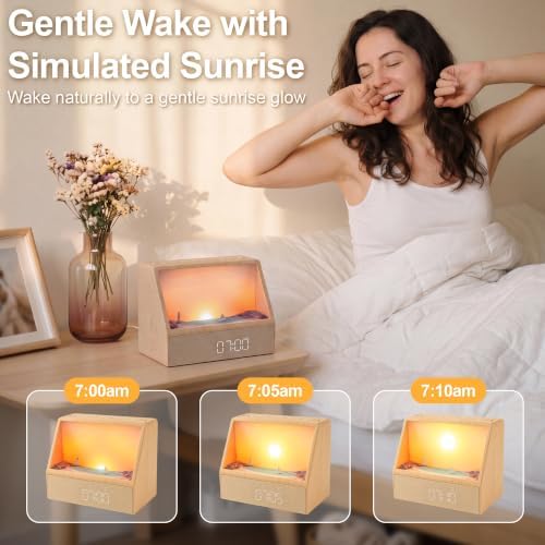 2026 upgraded sunset alarm clock，knob brightness & volume on a desk or shelf