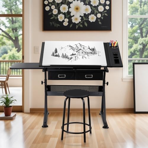 zeny adjustable drafting table with stool tilting drawing shown in use