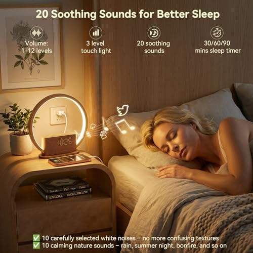 wood grain alarm clock with sunrise lamp &, side view
