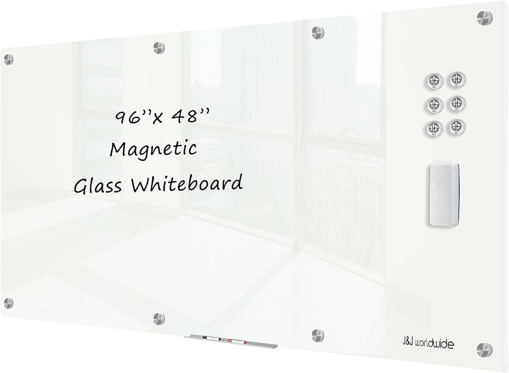 J&J worldwide Magnetic Glass Whiteboard 8' x 4', 96 x 48 Inches Large Frameless