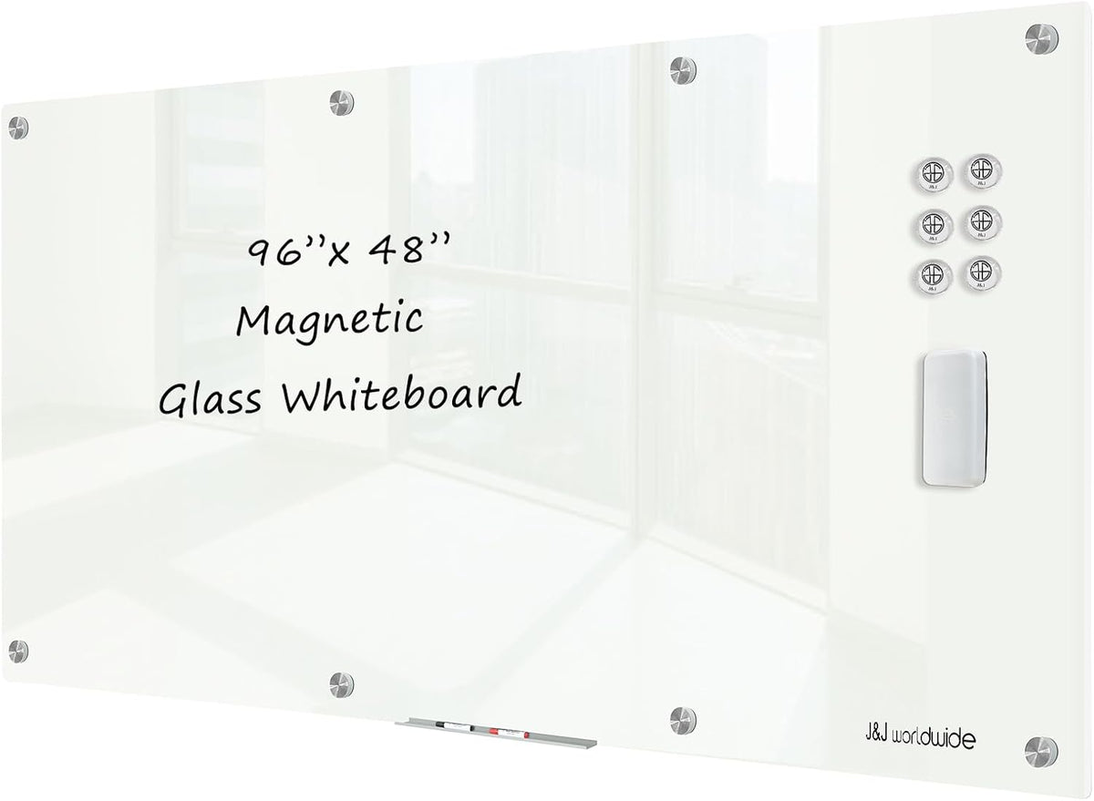 J&J worldwide Magnetic Glass Whiteboard 8' x 4', 96 x 48 Inches Large Frameless