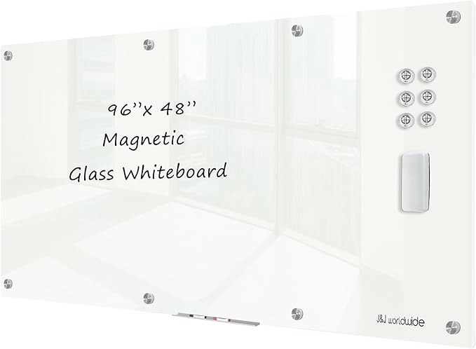 J&J worldwide Magnetic Glass Whiteboard 8' x 4', 96 x 48 Inches Large Frameless by JJworldwide