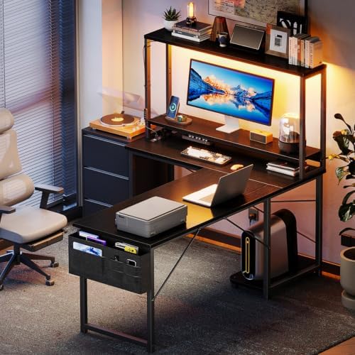 AODK L Shaped Desk Gaming Desk with LED Light & Power Outlet