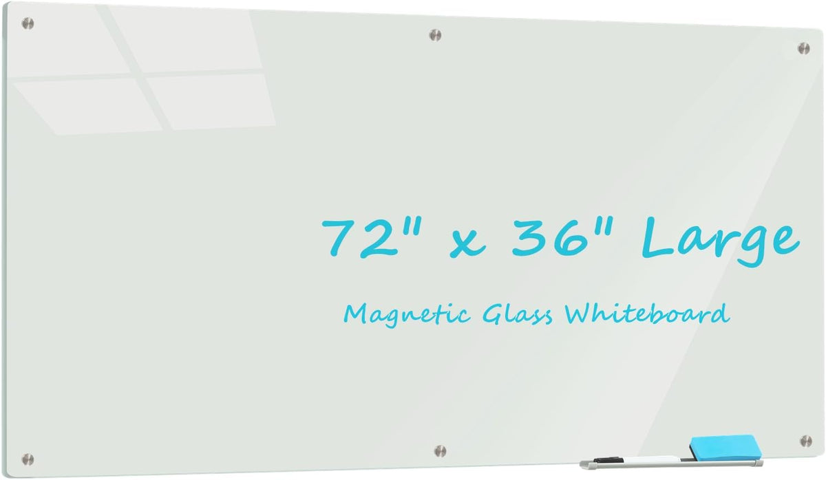 Glass Whiteboard 6' x 3', Magnetic Glass Dry Erase Board Frameless Wall Mounting