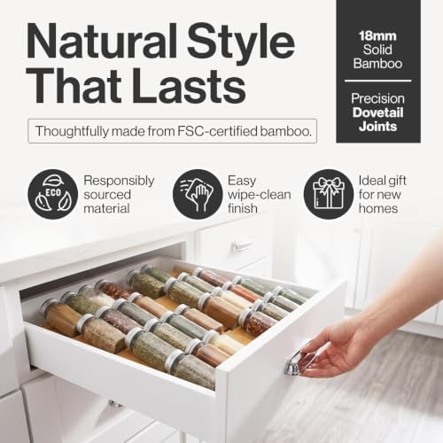 Bamboo Spice Drawer Organizer, Expandable 12 to 23 Inch Insert Holds 48 Jars,...