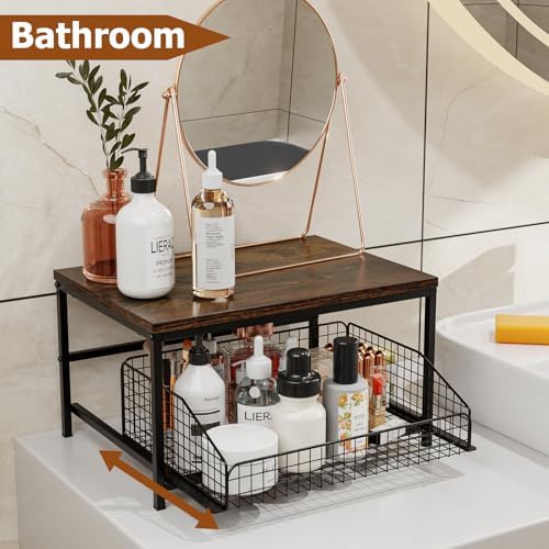 KLM Pull Out Spice Rack Organizer for Cabinet,Rustic Wood Top with Wire Baske...